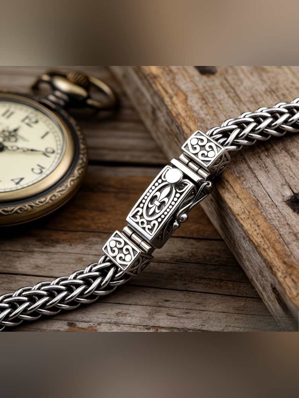 Stainles steel Silvery bracelet, six-word mantra inlaid buckle, handmade woven